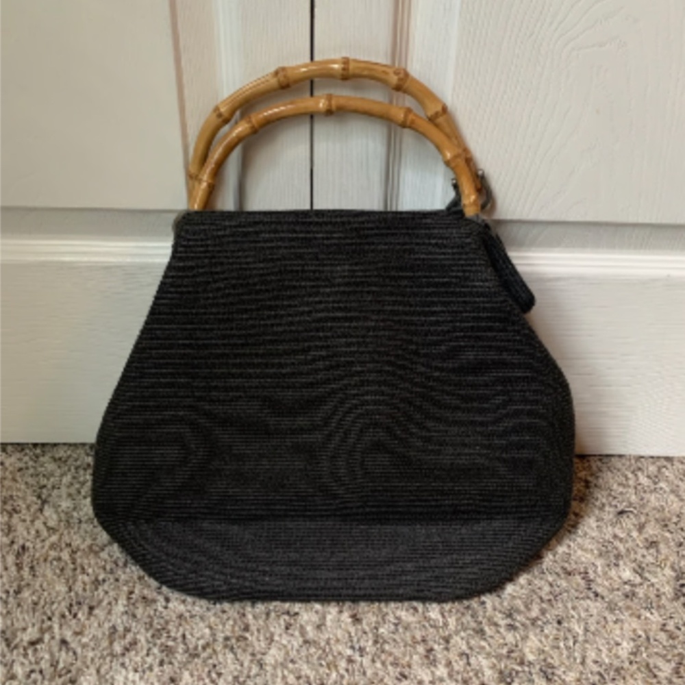 Vintage Black Woven Bag with Bamboo Handles